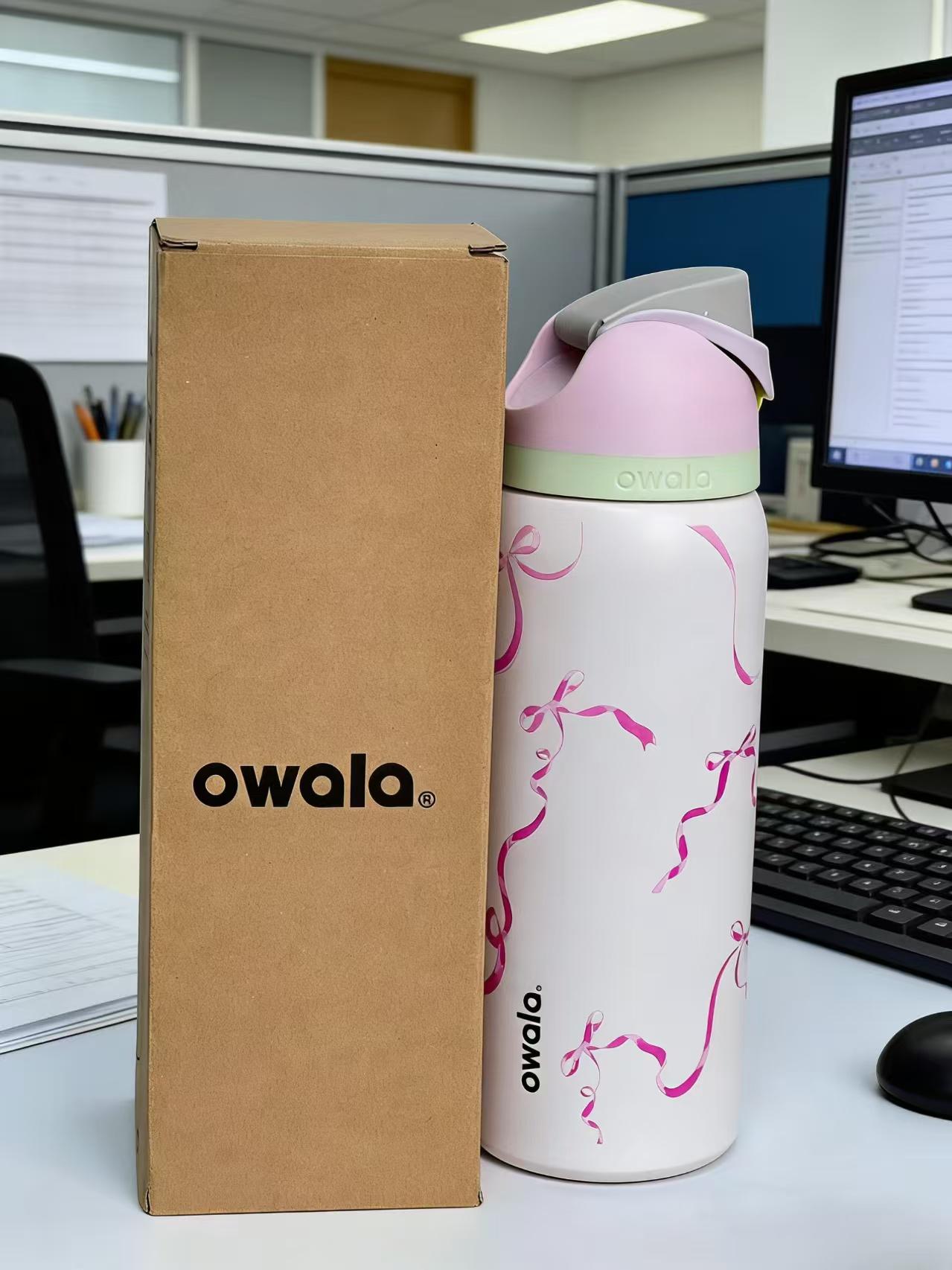 Owala 32oz Insulated Stainless Steel Water Bottle, Leak-Proof BPA-Free with Lift-to-Unlock Straw Lid, Cute Coquette Pink Ribbon Print Reusable Flask for School &  standard Gothic Double Wall  mini filtered  coffee  portable travel witchy mug beer floral