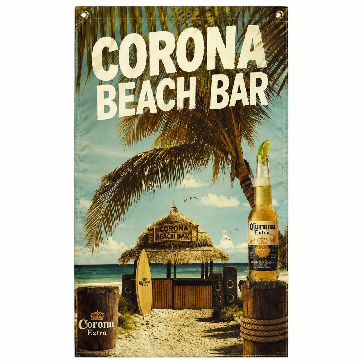Corona Beach Bar Flag 3x5 Ft, Tropical Beer Banner with Palm Trees, Surfboard and Tiki Hut, Vintage Coastal Wall Decor for Patio, Pool, Garage, Man Cave or Home Bar