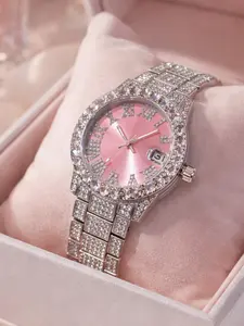 Women's Quartz Watch with Pink Dial and Full Rhinestones, Elegant Fashion Small Analog Watch with Calendar and Luminous Hands, Stylish Ladies Wristwatch, Analog Watches, Fashion Wristwatches
