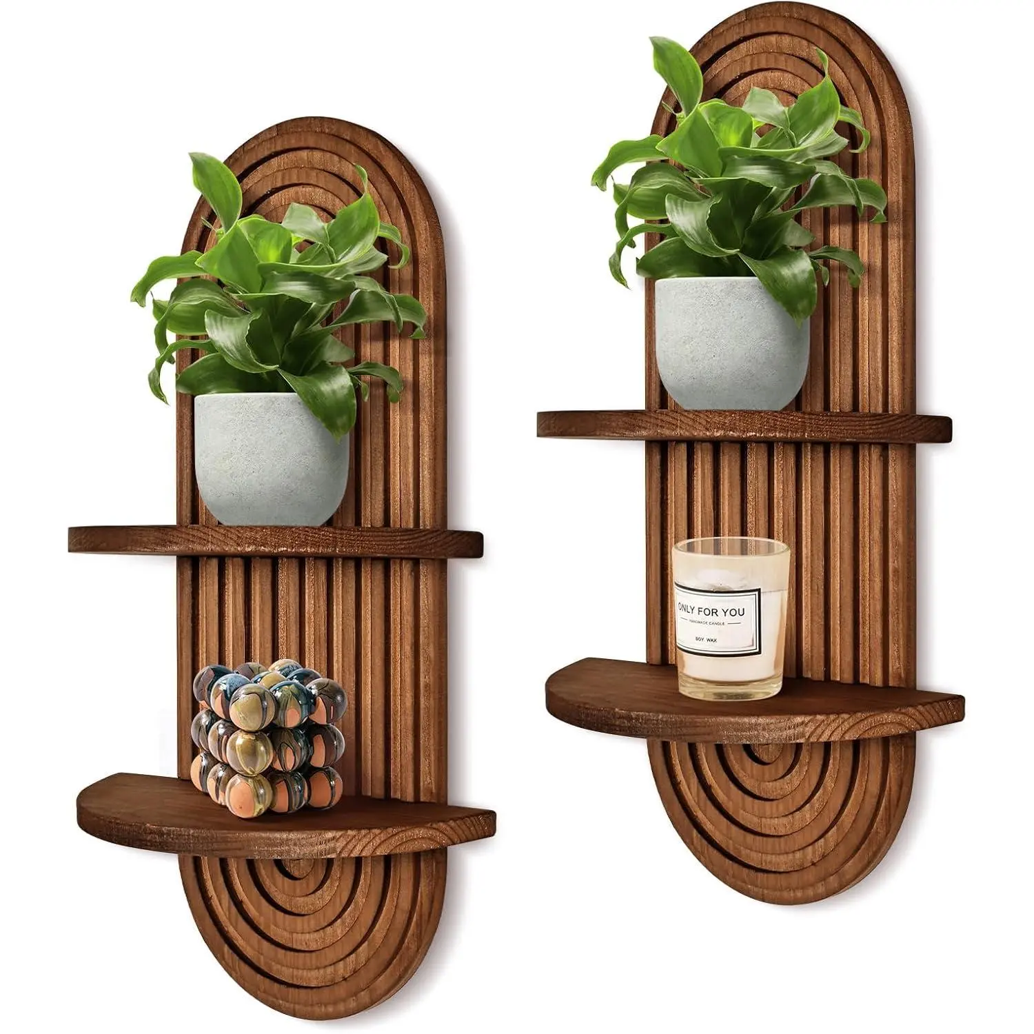 Boho Wall Shelf Set of 2 Mid Century Acacia Wood Shelves with 2 Tiers for Bathroom Bedroom Kitchen Living Room Coffee Color Decorative Bohemian Rainbow Hanging Shelves