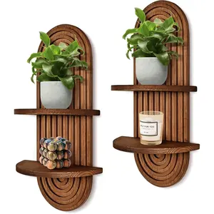 Boho Wall Shelf Set of 2 Mid Century Acacia Wood Shelves with 2 Tiers for Bathroom Bedroom Kitchen Living Room Coffee Color Decorative Bohemian Rainbow Hanging Shelves