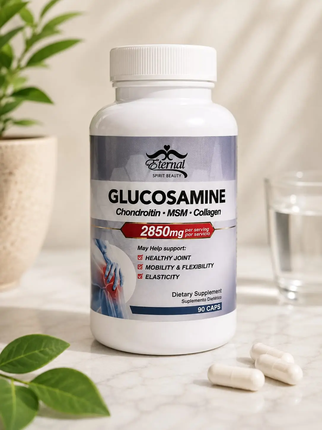 Eternal Spirit Beauty Glucosamine Chondroltin MSM Collagen 2850mg Per Serving for Healthy Joints Mobility & Elasticity 90 Capsules
