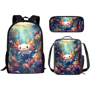 Mumeson Axolotl 3 Piece Backpack Schoolbag Set for Girls School Supplies 3 in 1 Bookbag Laptop Daypack with Insulated Lunch Bag and Pencil Cases