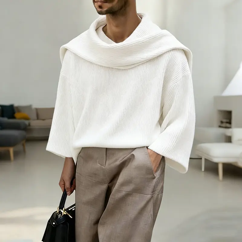 INCERUN Men's Knitwear Sweater, Oversized Minimalist Pullover with a Structured Cape Collar, Long Sleeve Casual Top for Fall Winter