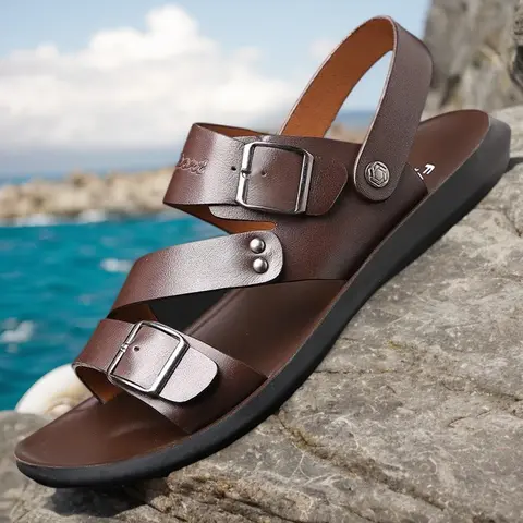 Men's Preppy Design Open-Toe Ankle Leather Sandals - Korean Fashion Adjustable Wide Cross-Buckle Anti-Slip Strap, Breathable Slip-On, PU Sole, Black & Brown Summer Daily Travel Casual Footwear