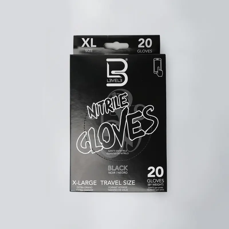 L3VEL3 Professional Nitrile Gloves Travel Size 20 Count Black Durable Compact Pack for Barbers Stylists Artists