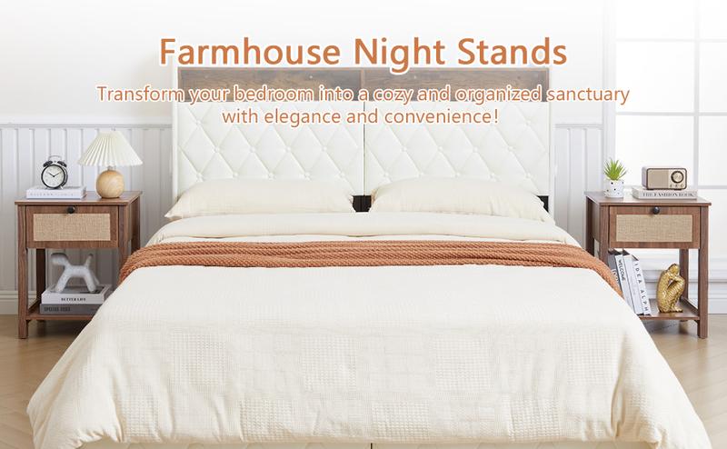 Giratree 21.65" H End Table with Flax Finish Set of 2, Modern Night Stands with Drawer, Farmhouse Bedside Table for Bedroom Living Room