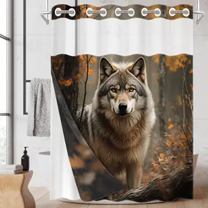 1pc hookless shower curtain with buckle lining, autumn grey-brown wolf forest leaf design 2D flat print, fabric waterproof lining shower curtain with see-through window double-layer shower curtain, 71 x 74 inches, modern home curtain decoration.