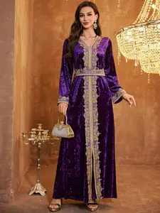 Middle Eastern Style Womenswear Velvet Maxi Dress, Gold Trim Embroidered V-Neck, Long Sleeve Waist-Cropped Gown, Wedding Party Evening Wear, Fit, Formal Wear