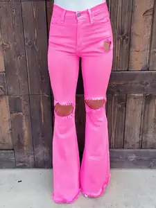 Plus Size Women's High Waist Ripped Denim Flare Pants, Sexy Tight-Fitting Jeans, All Seasons Fashion Chic, Moderate Fabric Thickness