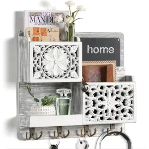Mail Organizer Wall Mounted, 2 Slots Key Holder for Wall with 8 Hooks, Rustic Wood Key Rack with Shelf for Entryway Hallwall Farmhouse