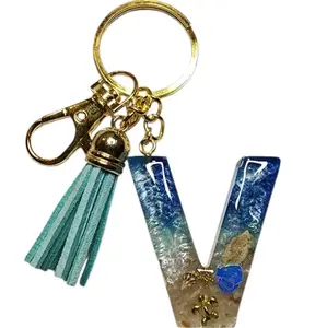 Handcrafted Epoxy Resin Keychain - Letter "V" with Sea-Inspired Design and Tassel
