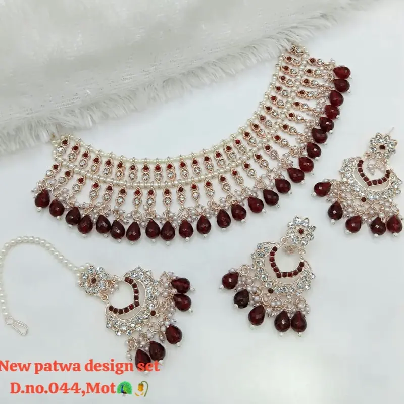 New Patwa Design Bridal Jewelry Set with Moti & Stone Work Purple Gemstone Earrings for Ceremonies Engagements Receptions Weddings