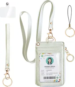 2-in-1 ID Badge Holder & Lanyard Wallet, Leather ID Badge Card Holder Wallet with 5 Card Slots, 1 Side Zipper Pocket,Detachable  Lanyards Wristlet Strap for Office School, White