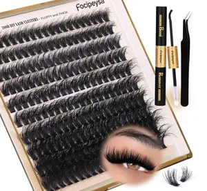 Focipeysa Lash Extension Kit Thick Eyelash Extension Kit 10-18mm Fluffy Lash Clusters 200D Individual Eyelashes Kit with Lash Bond, Lash Remover, Lash Applicator, DIY Lashes Extension