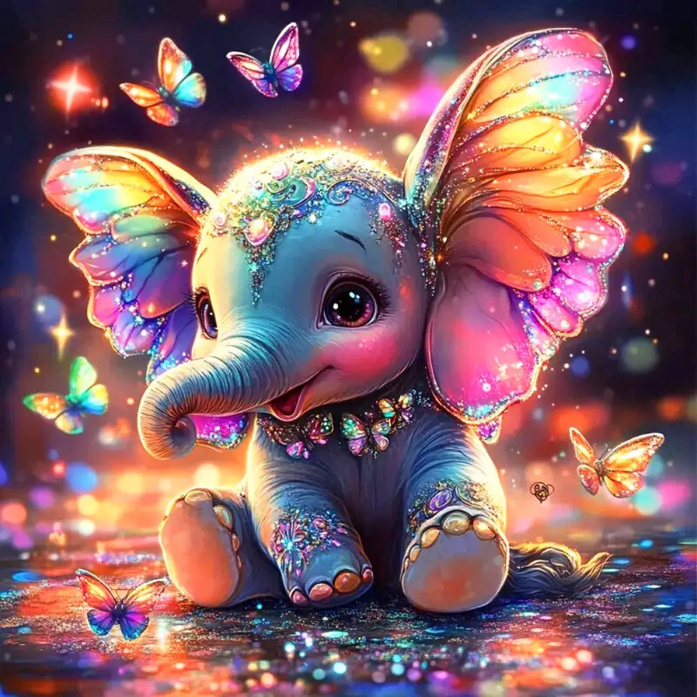 Fantasy Butterfly Winged Baby Elephant, Multiple sizes available including square and round diamonds. This 5D DIY diamond painting set diamond art embroidery kit handmade furniture decor personalized art piece Diamond Painting Kits.
