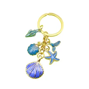 Blue Ocean Keychain, Enamel Shell Starfish & Mermaid Tail Charm, Gold Alloy Keyring, Summer Beach Bag Accessory Gift for Women