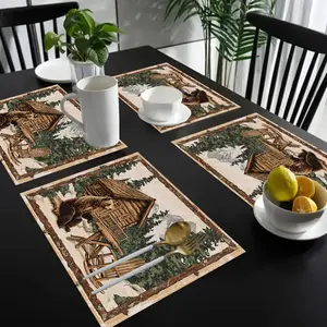 1pc/4pcs/6pcs flax Rustic Cabin Brown Bear Design Placemats - Vintage Animal Themed, Machine Washable, 12x18 Inch Rectangular Linen Table Mats for Home, Restaurant, Camping, Farmhouse Kitchen Decor
