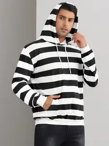 INSPIRE CHIC Black White Striped Sweatshirt for Men's Long Sleeves Drawstring Pullover Hooded Sweatshirts Hoodie