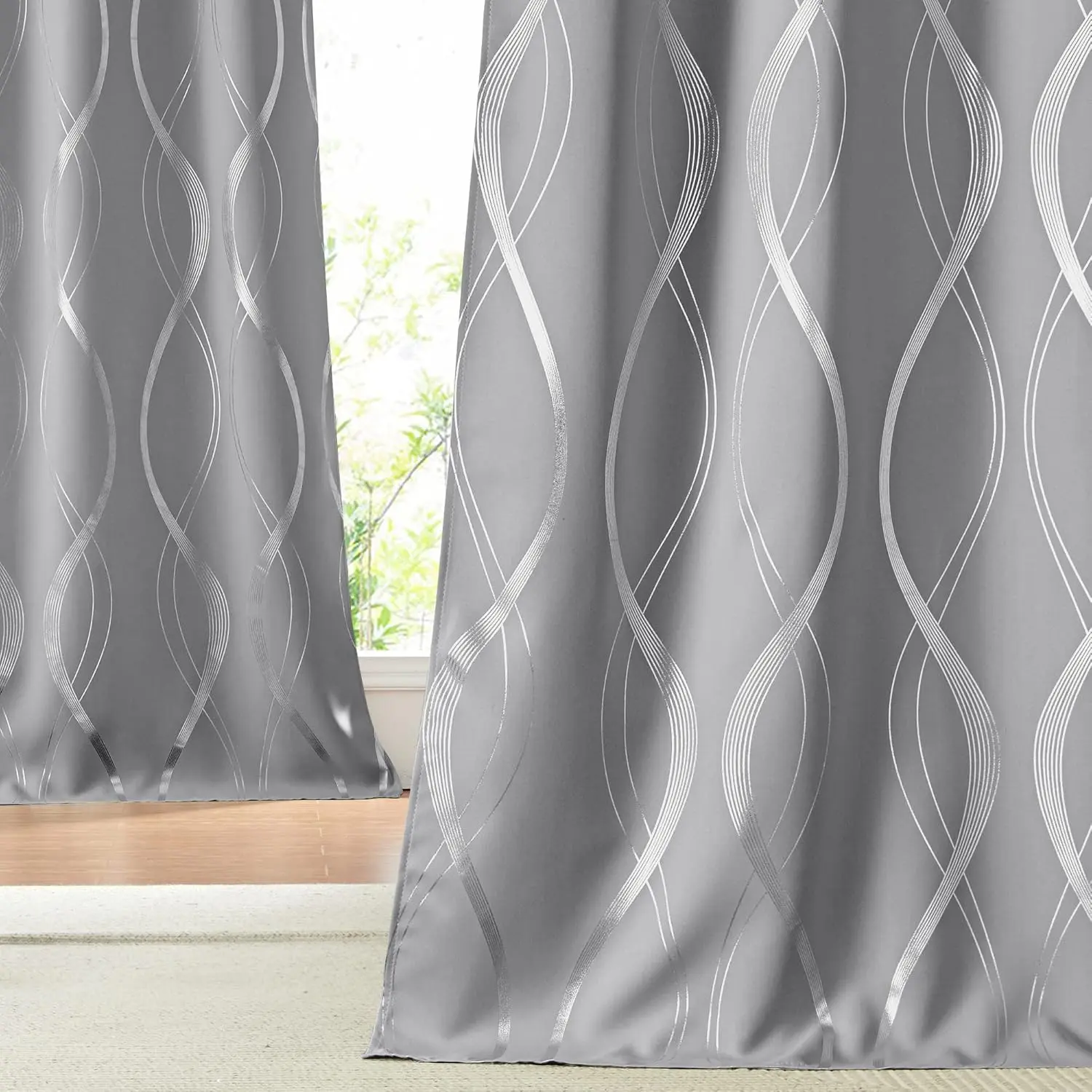 NICETOWN Grommet Blackout Curtains (2 Panels, 42x84in) - Microfiber Wavy Foil Printed, Noise Reducing Thermal Insulated for Patio Doors, Wash Below 86℉ (Silver Grey), Grommet Curtains, Sliding Glass Door