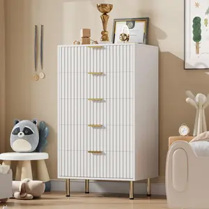 【Christmas Gift】White 5 Drawer Dresser for Bedroom 48” Tall Modern Wood Storage Organizer with Gold Metal Handles Anti-Tipping Device for Living Room Hallway Entryway