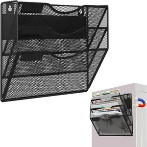 3-Tier Magnetic File Holder, No Drilling File Cabinet Organizer, Black Magazine Rack, Magnetic Paper Holder for Refrigerator, File Cabinets, Whiteboard