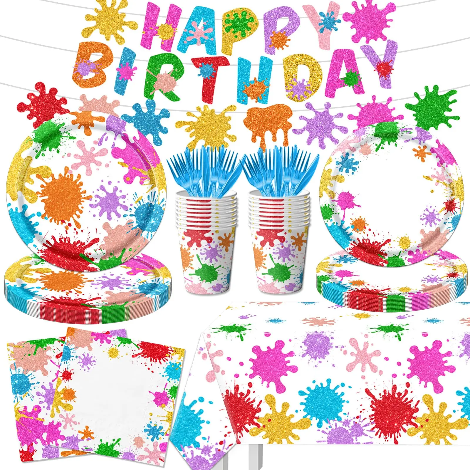 142PCS Paint Party Decorations Tableware Set - Art Party Plates, Napkins, Cups, Tablecloth for Birthday