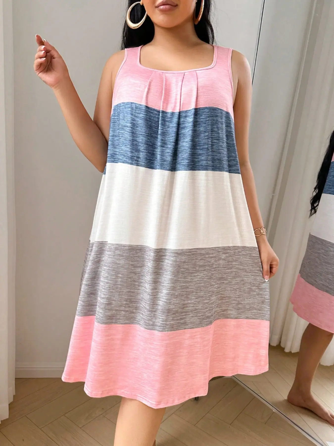 Women's Plus Size Soft Lightweight Loungewear Skin-Friendly Colorblock Sleeveless Vest Dress, Comfortable Casual Sleepwear, All-Season Wear