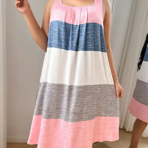 Women's Plus Size Soft Lightweight Loungewear House Dress Skin-Friendly Patchwork Colorblock Sleeveless Vest Dress, Comfortable Sleepwear, Casual Nightwear, All-Season Wear, Sleeveless Nightdress