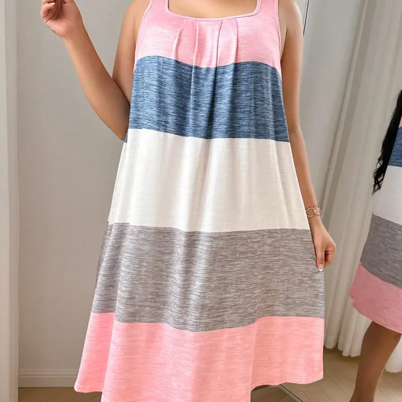 Women's Plus Size Soft Lightweight Loungewear House Dress Skin-Friendly Patchwork Colorblock Sleeveless Vest Dress, Comfortable Sleepwear, Casual Nightwear, All-Season Wear, Sleeveless Nightdress