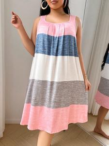 Women's Plus Size Soft Skin-Friendly Patchwork Colorblock Vest Dress, Comfortable Sleepwear Loungewear, Casual, All-Season Wear
