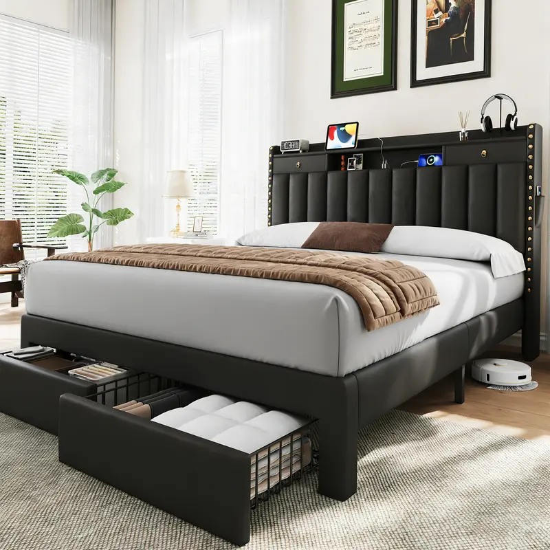 TryLazy Upholstered Flatform Bed Frame with 4 Storage Drawers No MATTRESS Queen Size Wood Slats Holds 900lbs No Noise No Box Spring Needed Full King Twin White Rivet Design USB Socket