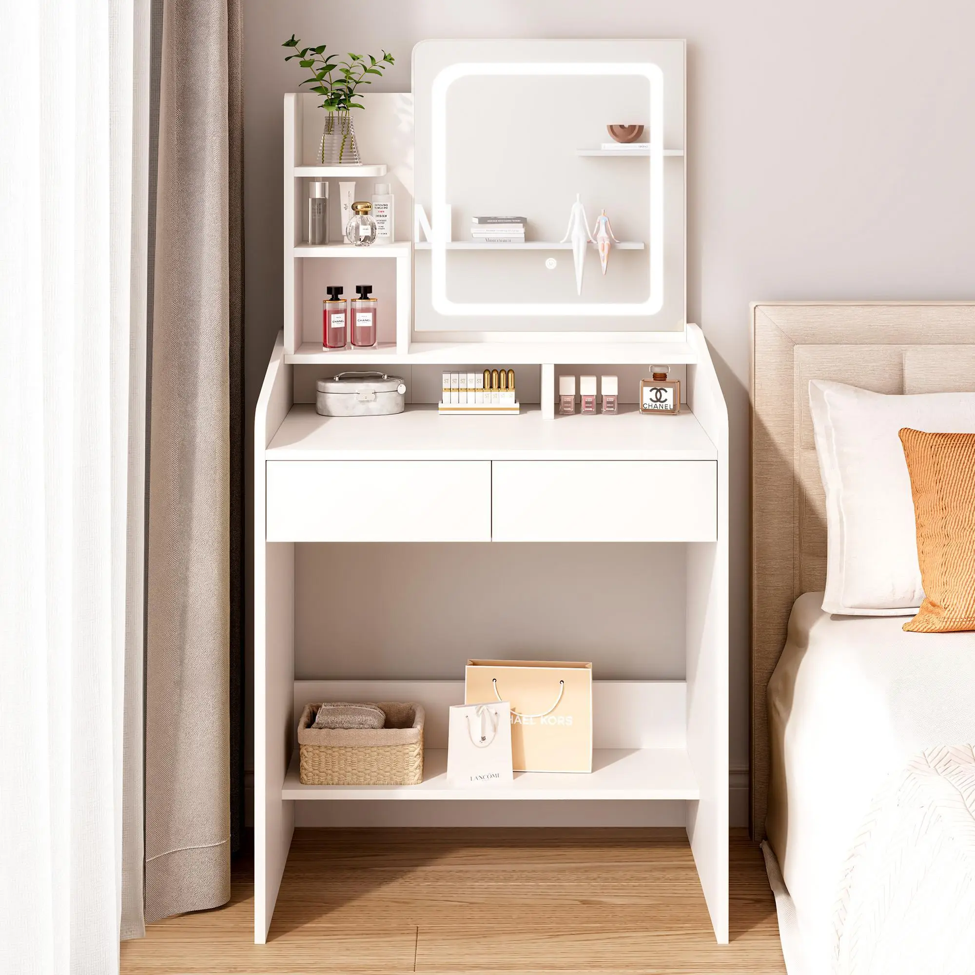 【Fall Deals For You】WeCharmer Vanity Desk Set with Square Mirror, 23.62''D x 15.74''W x 53.93''H, Includes 2 Drawers, 3 Storage Shelves & 2 Closed Sto