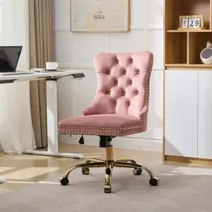 Velvet Vanity Chair with Back & Gold Base, Pink Office Chair with Wheels & Soft Cushion, 360° Swivel Chairs for Bedroom, Vintage, Upholstered, Tufted Button, Nailhead, 250LBS (Pink)