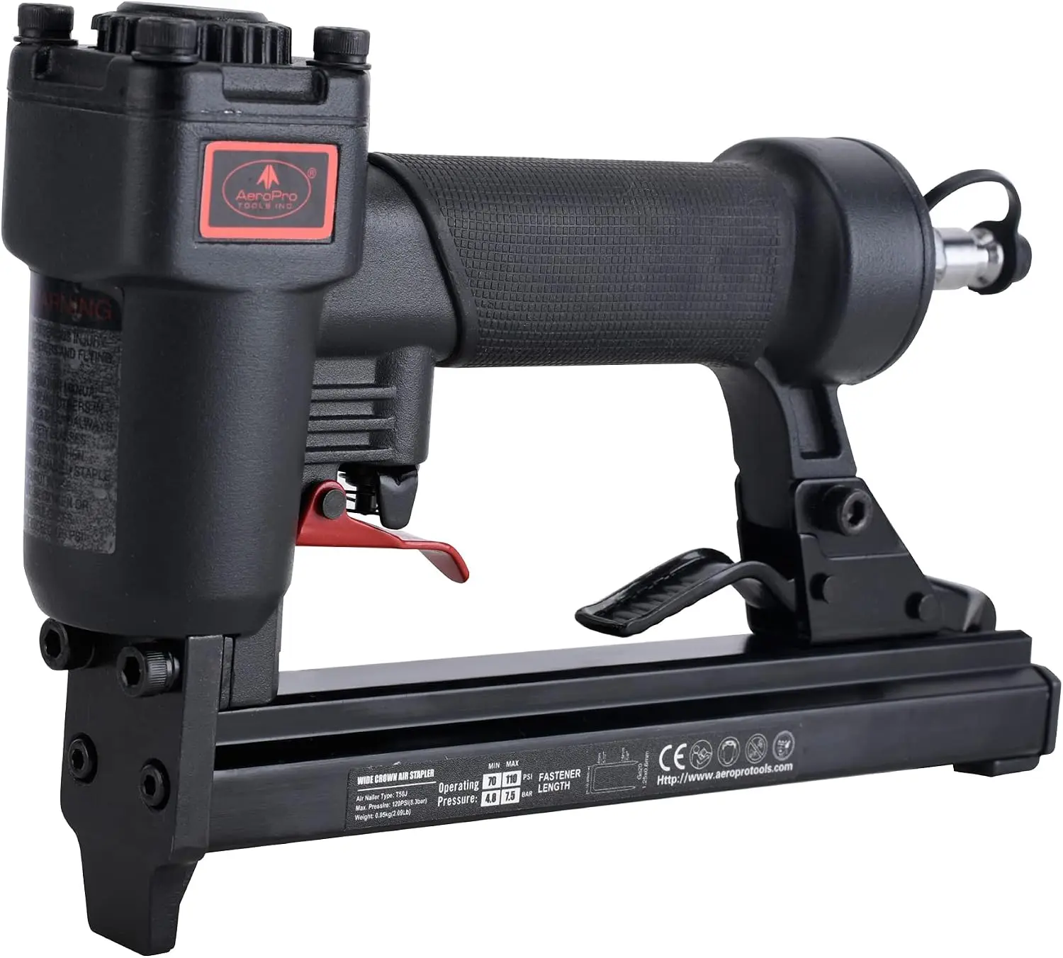 Aeropro Adjustable Lightweight Compact Pneumatic Wide Crown Staple Gun - T50J-20Gauge T50J Power Tool with Exhaust Adjust, for Upholstery, Woodworking, 1/4-Inch to 9/16-Inch Staples, Overmold Grip