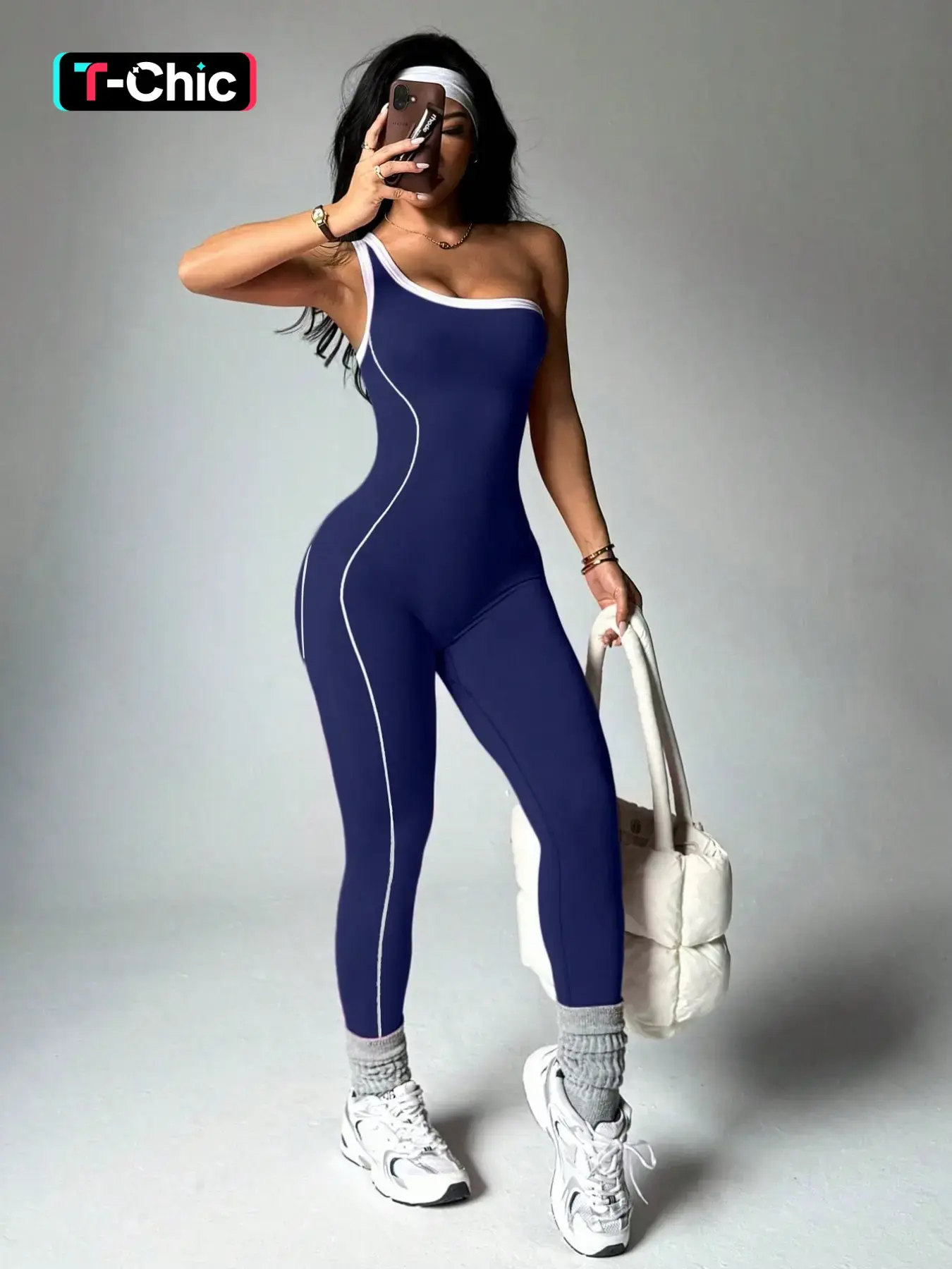 Women's Colorblock Asymmetrical Shoulder Sleeveless Knit Yoga Jumpsuit, Workout Jumpsuits, Workout Fitness Jumpsuit, High Elasticity Jumpsuit, Sports Jumpsuit, Sporty Casual Fashion for Spring Summer, Home Commute Wear, All Season Activewear