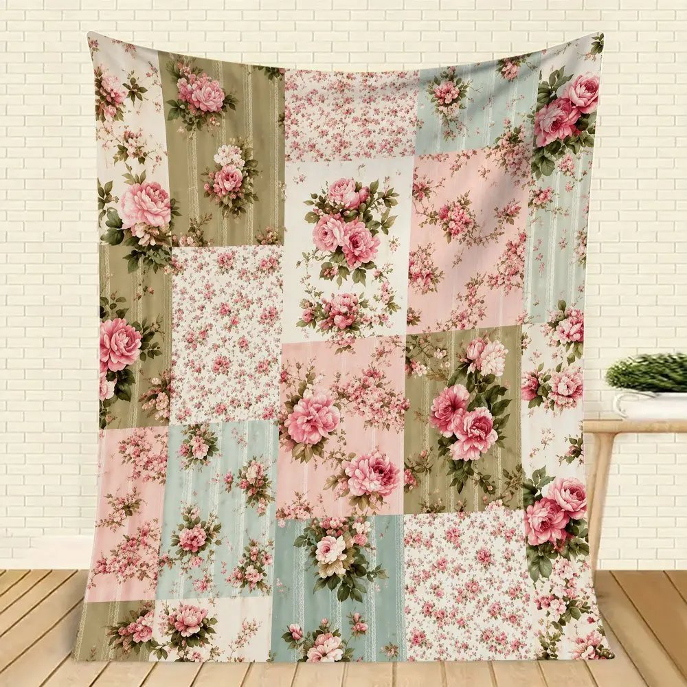 1pc Comfortable Flannel Blanket, Ultra-Soft And Warm, Pink-Green Floral Patchwork Rose Pattern Blanket Perfect for Camping, Sofa, Bed, And Office - All-Season Versatile Blanket, Stylish Decor And Ideal Gift, Great for Indoor/Outdoor Use
