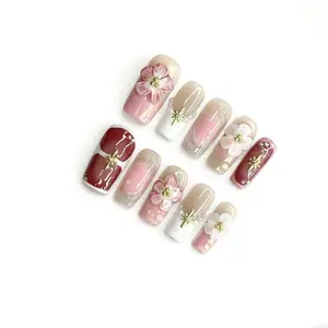 Hailey's square floral flower hot pink french tips acrylic handmade press on nails A27
