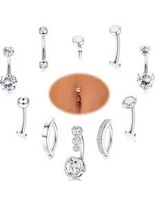 9 Pcs Belly Button Ring -  Stainless Steel Floating CZ Heart Clicker Belly Piercings for Women Navel Belly Piercings Jewelry Pack Belly Hoops