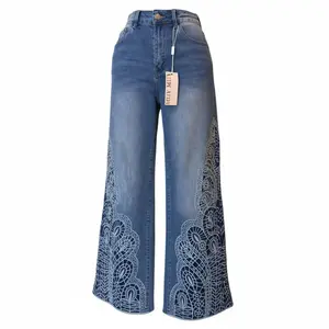 Women's Blue Jeans with Intricate Lace Embroidery - High-Waisted Flare Trousers for Comfort and Style