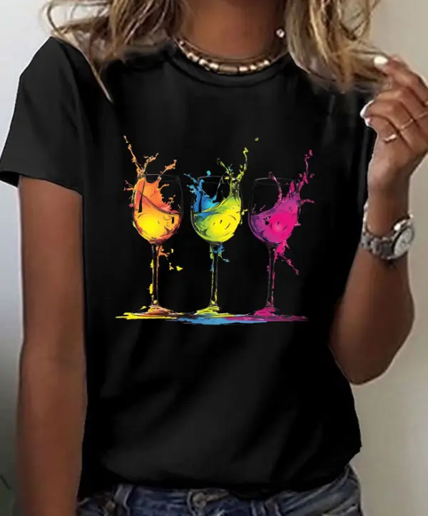 Women's SohoChic Fitted Comfortable Short-Sleeve Crew Neck T-Shirt - Wine Glass Print Everyday Fabric, Ideal for Spring & Summer, Shortsleeve