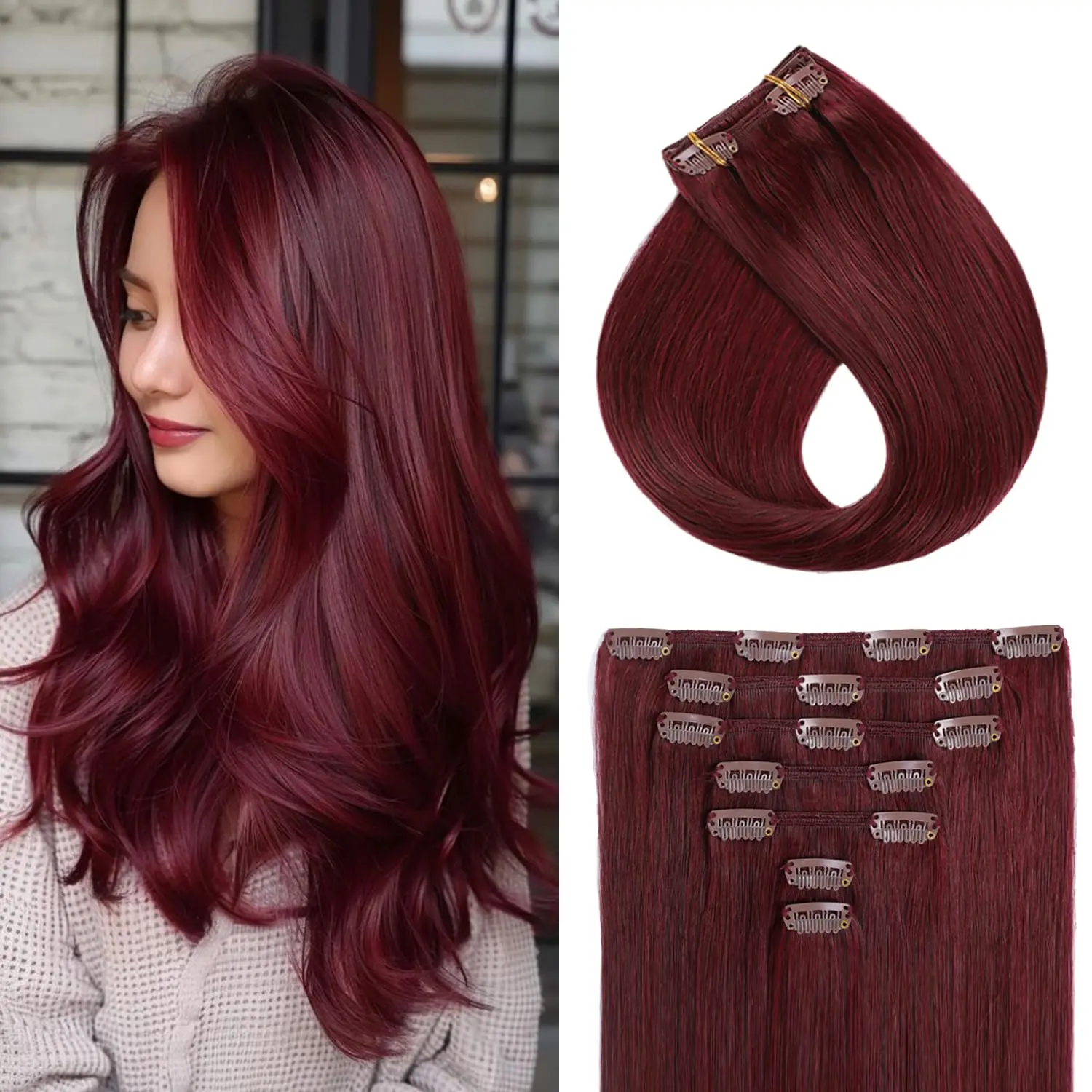 Clip In Hair Extensions Red Human Hair Extensions Clip Ins 16inch 70g 7pcs/Pack Burgundy Double Weft Silky Straight Remy Human Hair Thick Clip In Real Hair Extensions For Women