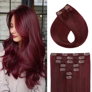 Clip In Hair Extensions Red Human Hair Extensions Clip Ins 16inch 70g 7pcs/Pack Burgundy Double Weft Silky Straight Remy Human Hair Thick Clip In Real Hair Extensions For Women