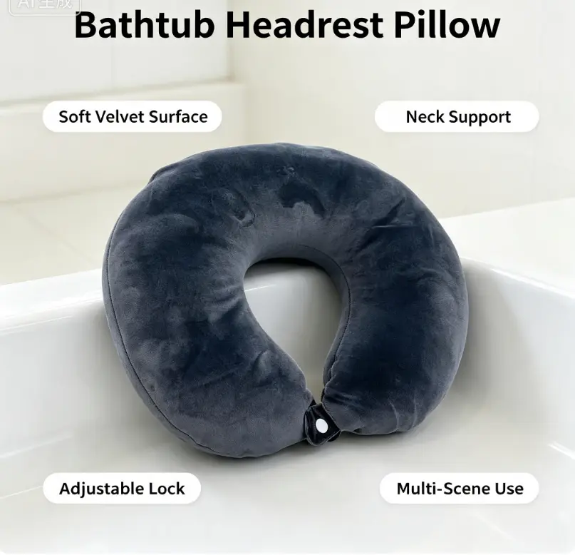 Grey Solid Memory Foam Bathtub Headrest - Dual-Purpose U-Shaped Neck Support Pillow for Bath Spa, Travel