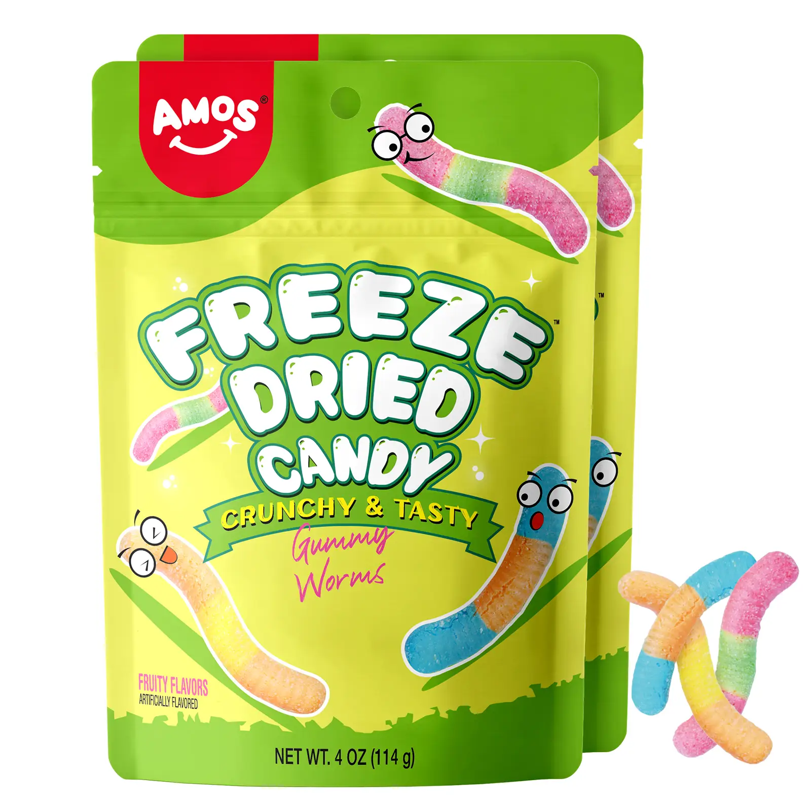 Amos Freeze Dried Gummy Rings, Banana, Skittles & Worms -Premium Tasty Fat-Free Gluten-Free Perfume Bonbon Sweet Snack Strawberry