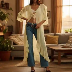 Women Boho Sheer Kimono Half Sleeve High Low Top Tie Ruffle Blouse See Througth Split Long Cover Up Cardigan