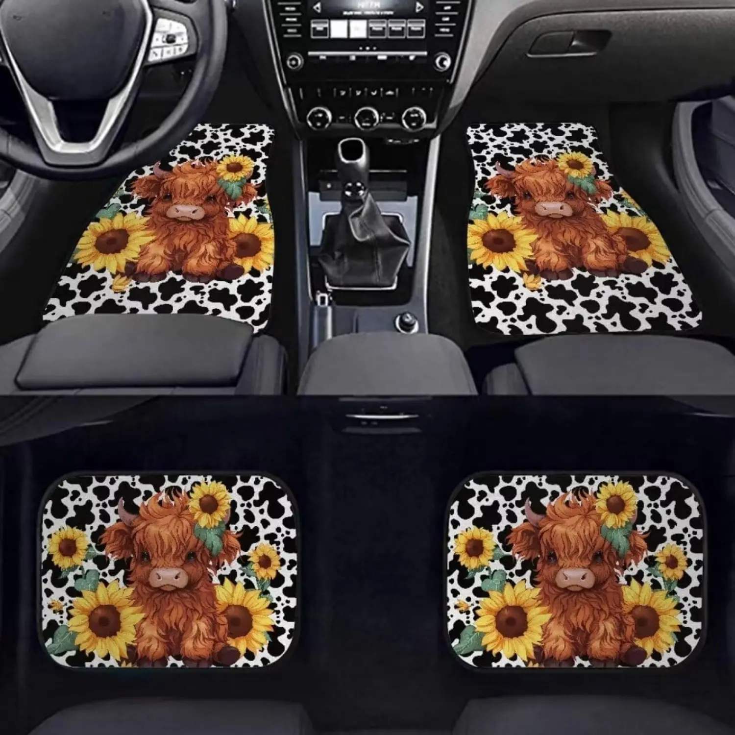 4-piece car floor mat set, Car Mats, Car Interior Accessory, Car Accessories, designed for everyday use, featuring highland cattle and sunflowers, made of easy-to-clean polyester, it covers the front and rear seats, perfect gift for car lovers