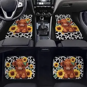 A 4-piece must-have car floor mat set, Car Mats, Car Interior Accessory, designed for everyday use, featuring highland cattle and sunflowers. Made of easy-to-clean polyester, it covers the front and rear seats, making it the perfect gift for car lovers.
