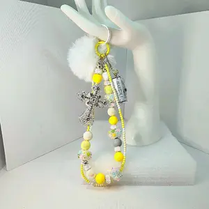 Silver Cross Keychain Miniature Holy Bible Yellow White Silver Beaded Purse Decoration Bag Charm Phone Charm with Faux Rabbit Puff, universal phone holder, comfort grip silicone beads, Real miniture Bible like book with pages and writing, perfect gift.