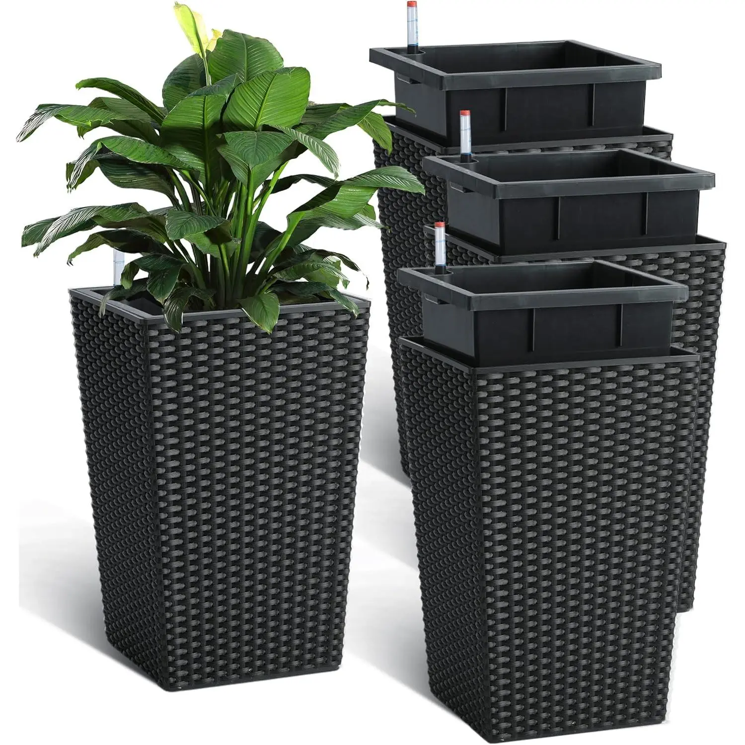 16-Inch High Bamboo Flower Pot Set of 4, with Water Level Monitor, Suitable for Outdoor and Indoor use, for Patios, Porches, Living Rooms or Home Offices, Black.